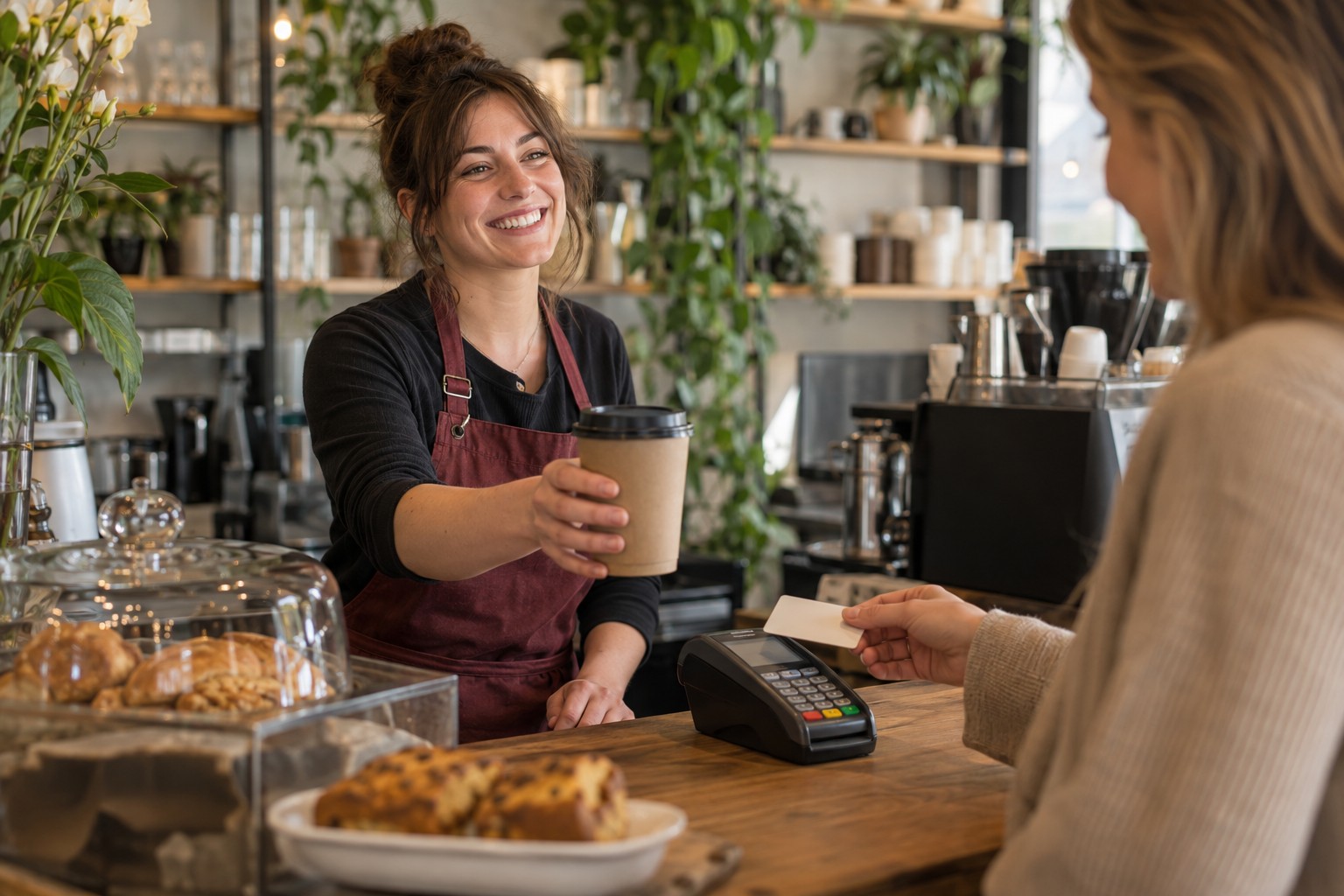 An independent café owner serving a customer at the counter